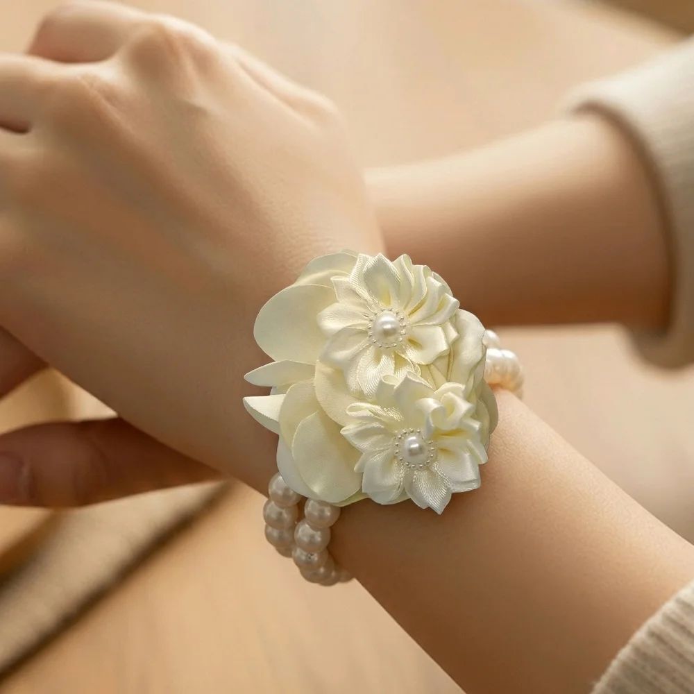 Ivory Pearl Wrist Corsage Satin Flower Bracelet Wedding Prom HOCO Formal Floral
